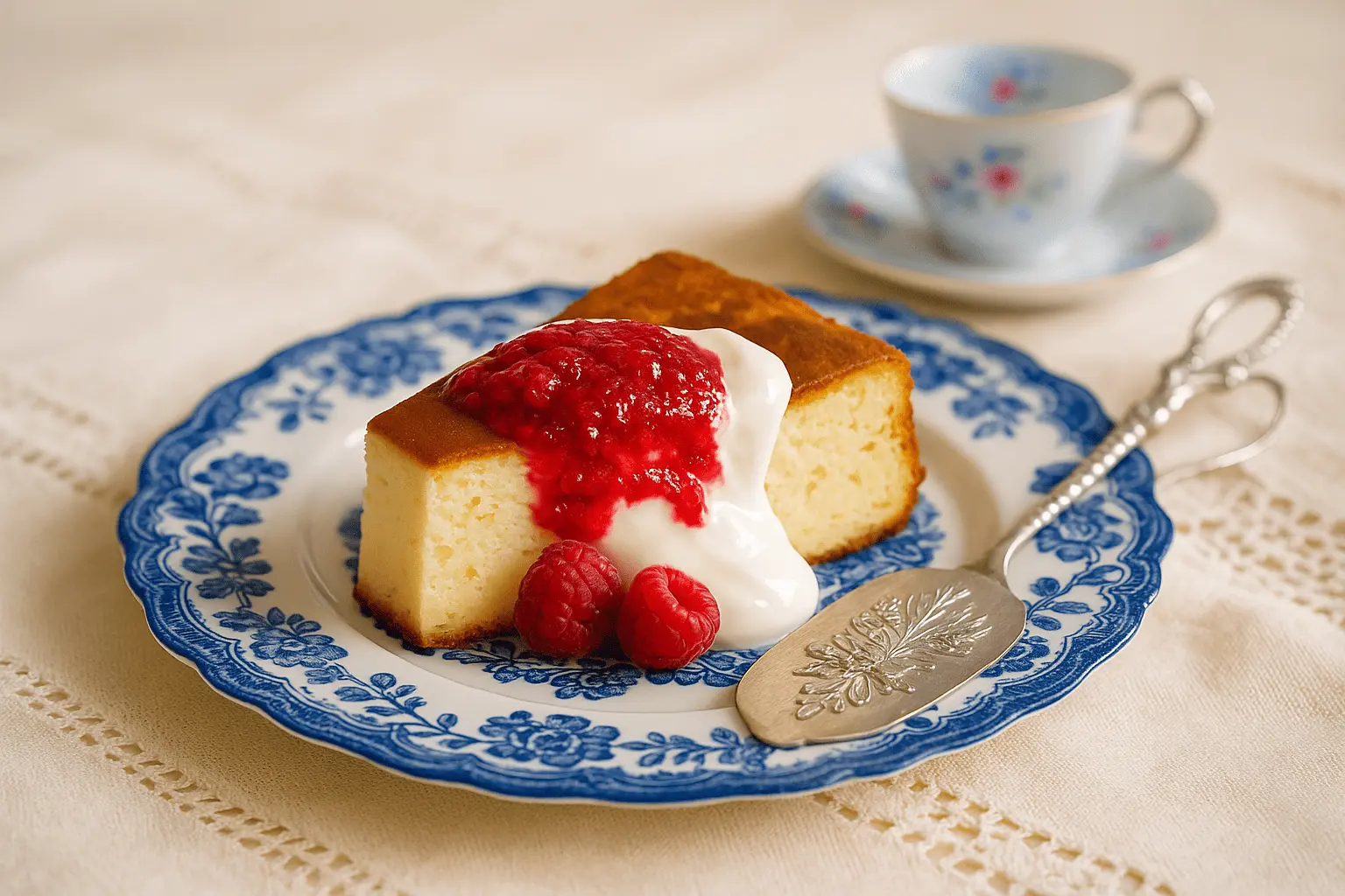 Varškės apkepo gabalėlis su aviečių padažu ir grietine ant mėlyno porceliano lėkštės