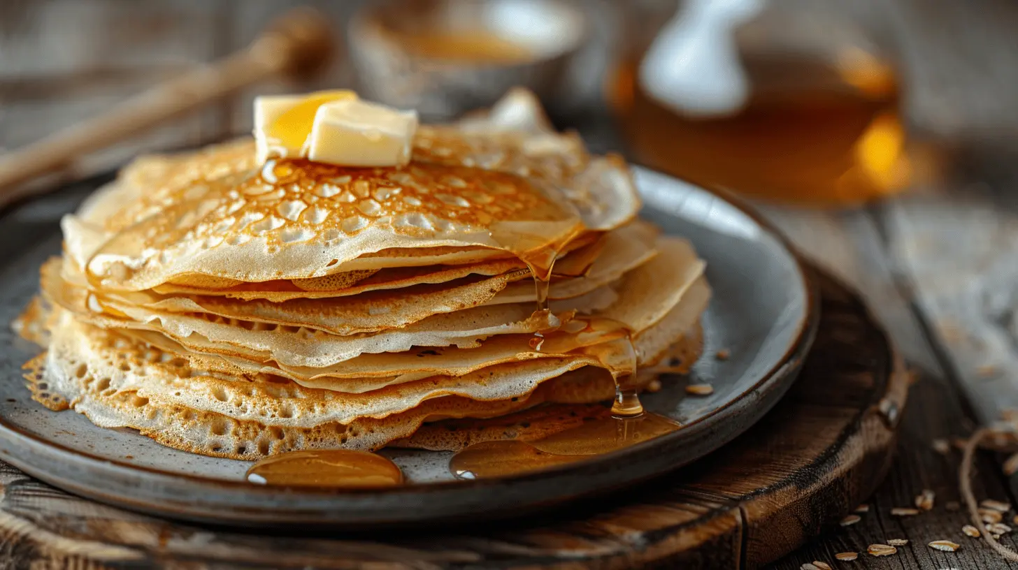 Klasikiniai lietiniai blynai su sviestu ir medumi ant lėkštės – naminis receptas