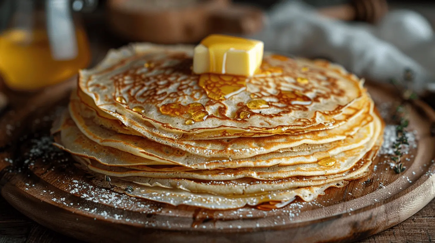 Tobuli lietiniai blynai su sviestu ir medumi – ploni, auksiniai ir švelnūs