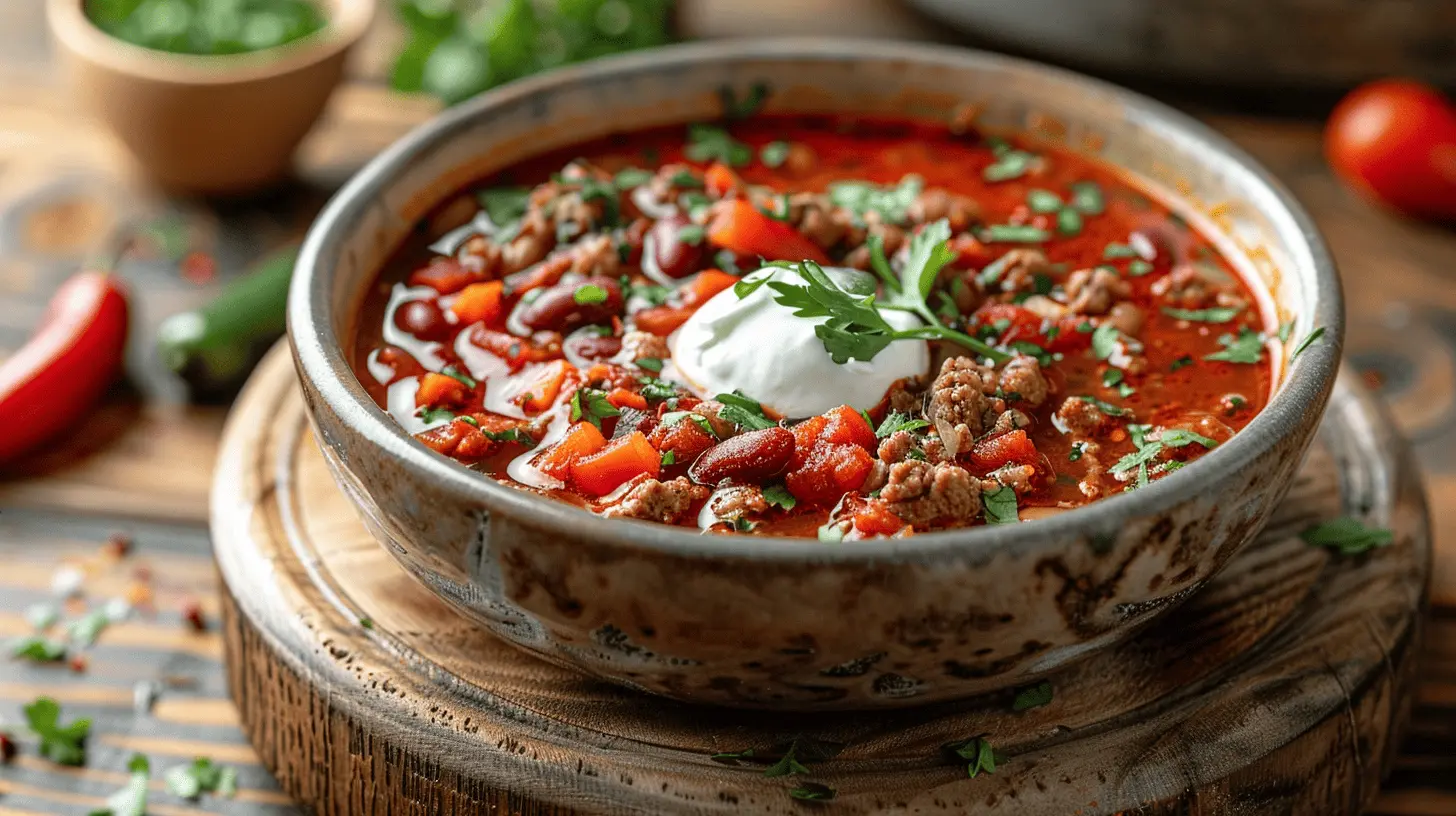 Klasikinė čili sriuba su malta mėsa, pupelėmis, pomidorais ir grietinės šaukštu ant viršaus
