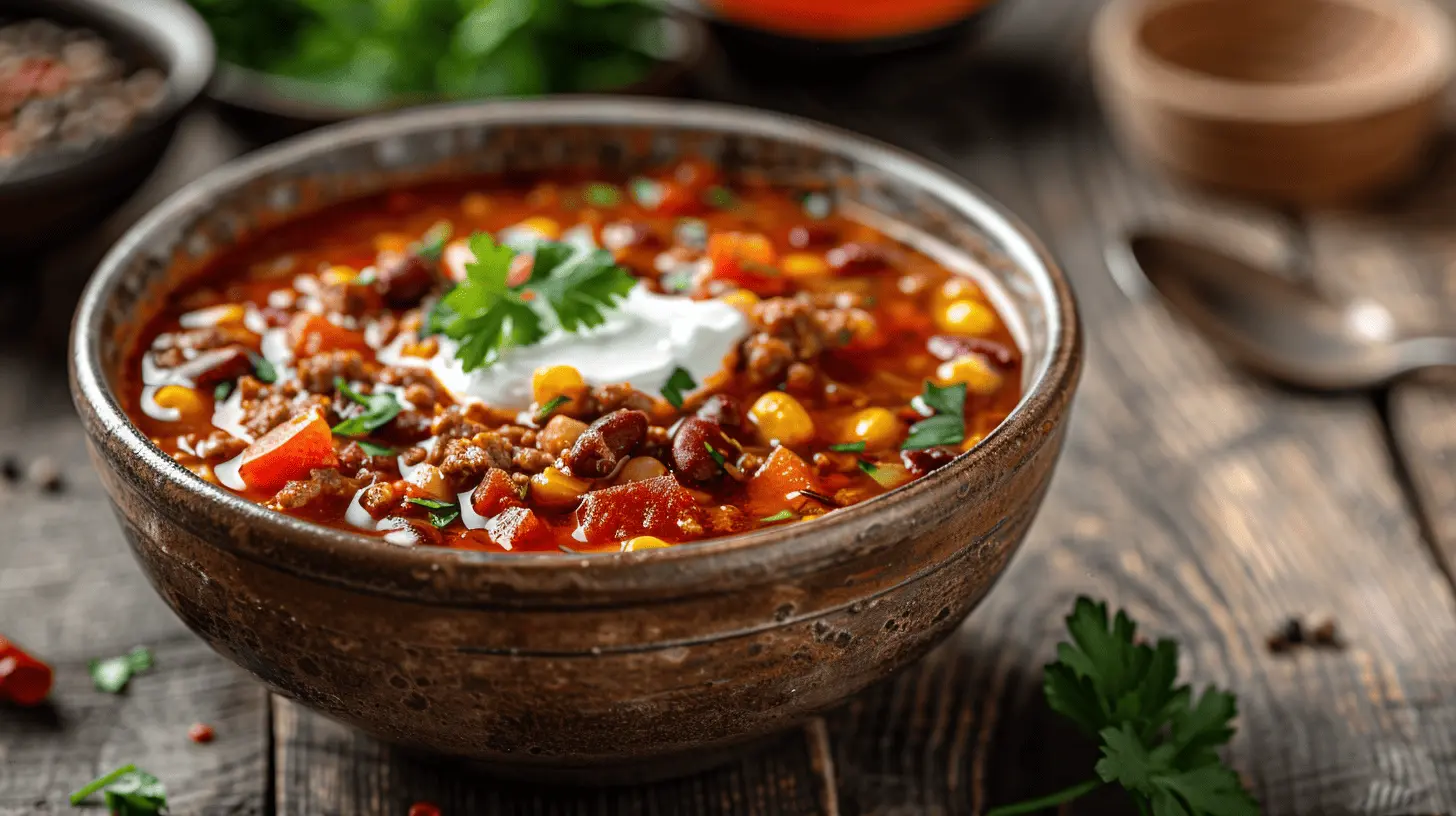 Soti čili sriuba su malta mėsa, pupelėmis, kukurūzais ir grietinės šaukštu – gardus naminis receptas