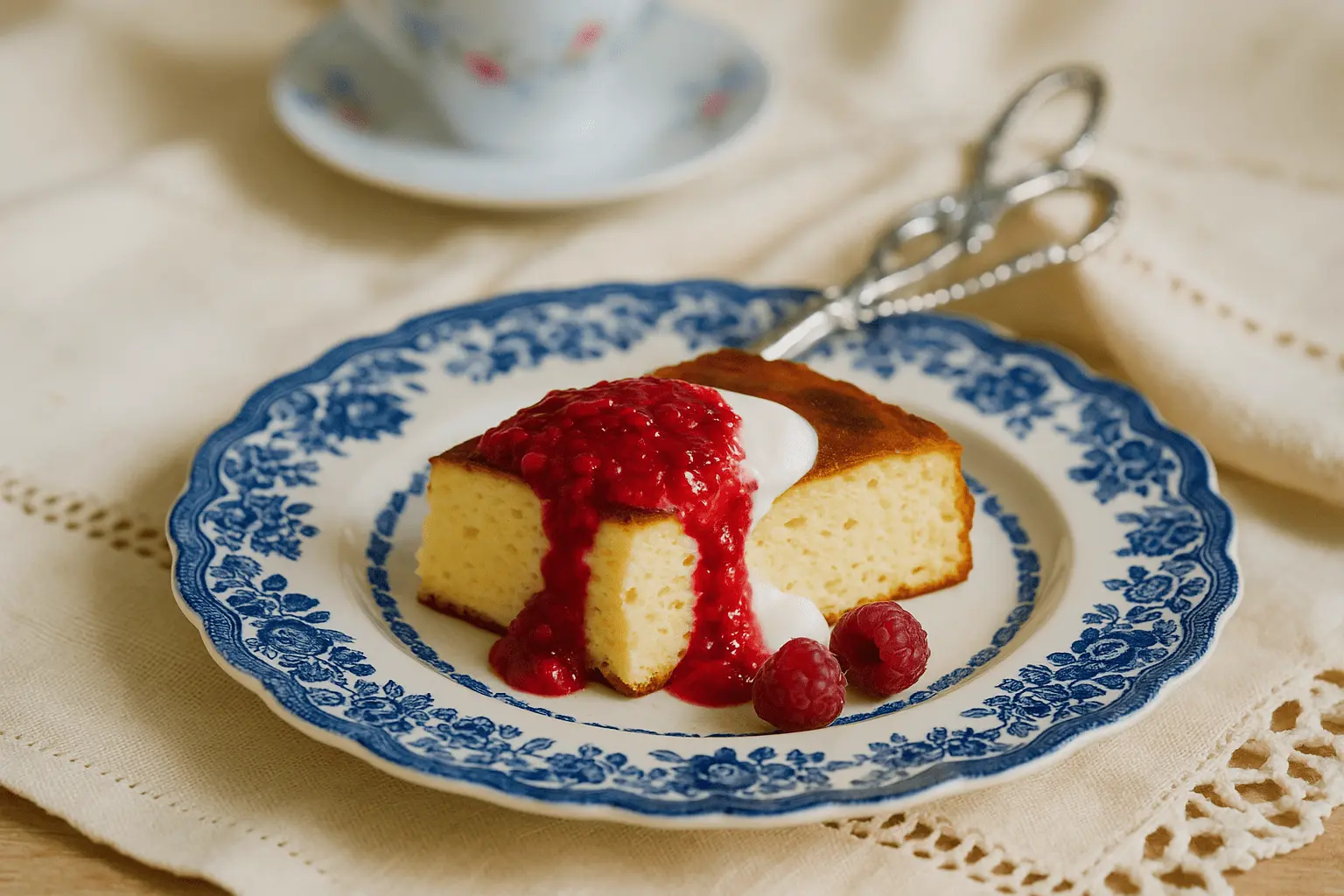 Prapjautas varškės apkepo gabalėlis su aviečių padažu ir grietine ant mėlyno porceliano lėkštės